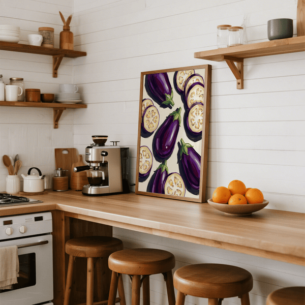 Aubergines Art Print showing vivid purple, perfect for dining room print