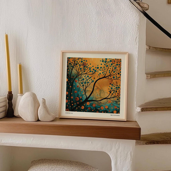Abstract orange and teal wall art with earthy tones for modern interiors