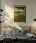 Stylized Golf Course Art Print with curved fairway path and layered ridges