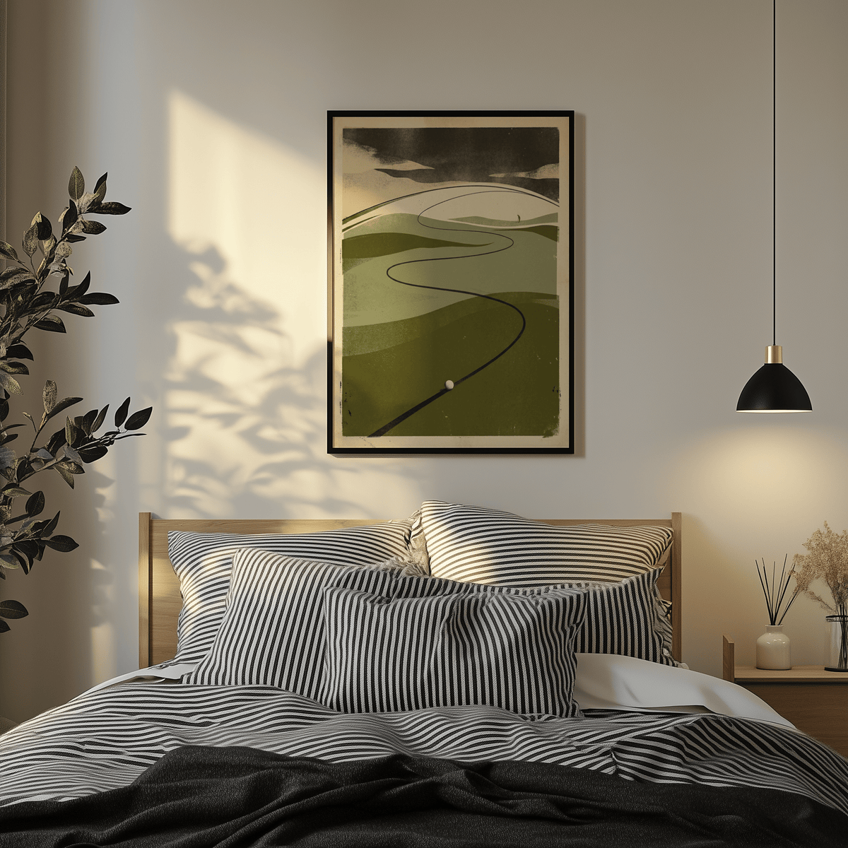 Stylized Golf Course Art Print with curved fairway path and layered ridges