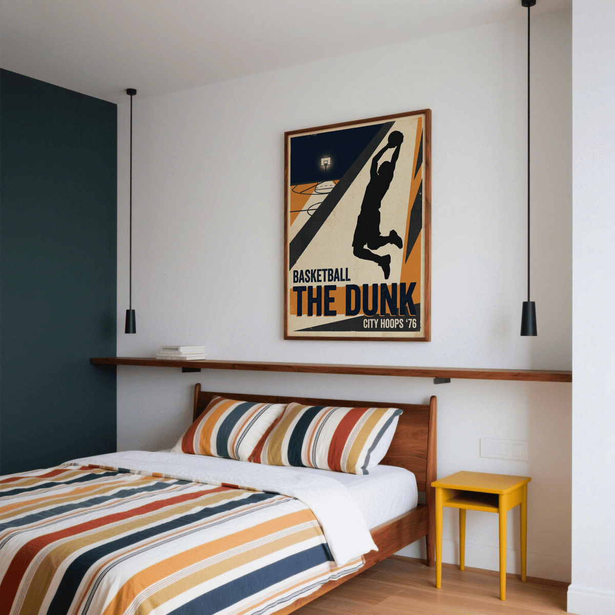 Showing Basketball Dunk Art Print with player silhouette, bold “THE DUNK” lettering, and diagonal graphic blocks