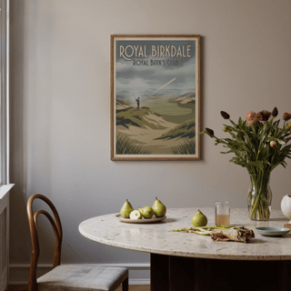 Landscape golf poster print showing rolling fairways, bunkers, and dune grass in stylized shapes