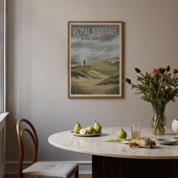 Landscape golf poster print showing rolling fairways, bunkers, and dune grass in stylized shapes