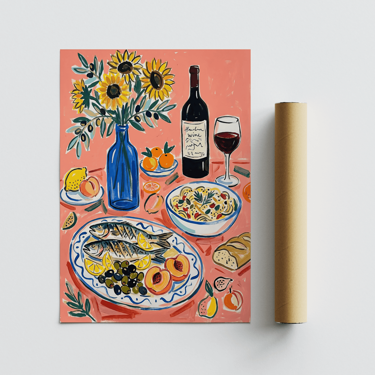 Wine and Seafood Decor kitchen art, Blue vase and Pink hues, print type
