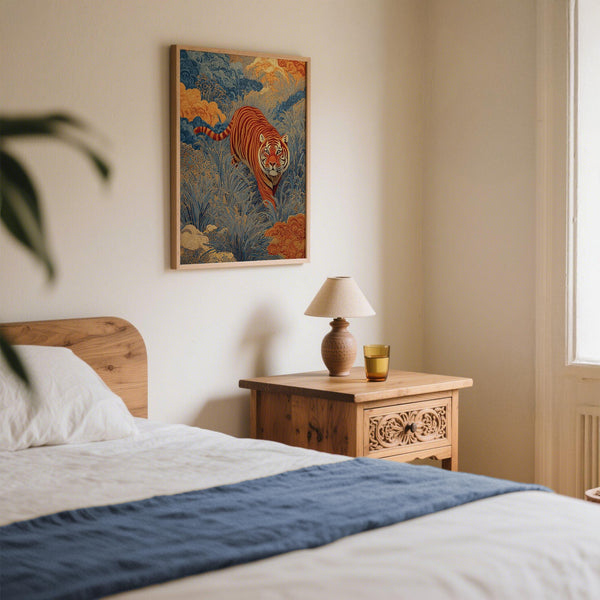 Majestic animal wall decor featuring a stylized tiger in golden grass.