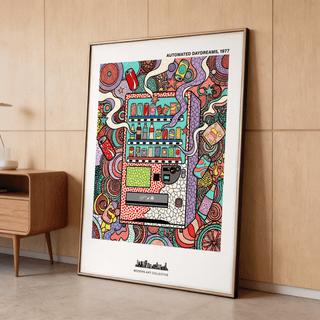 Front-facing vending machine poster with bottles, cans, and mosaic-like outlined shapes