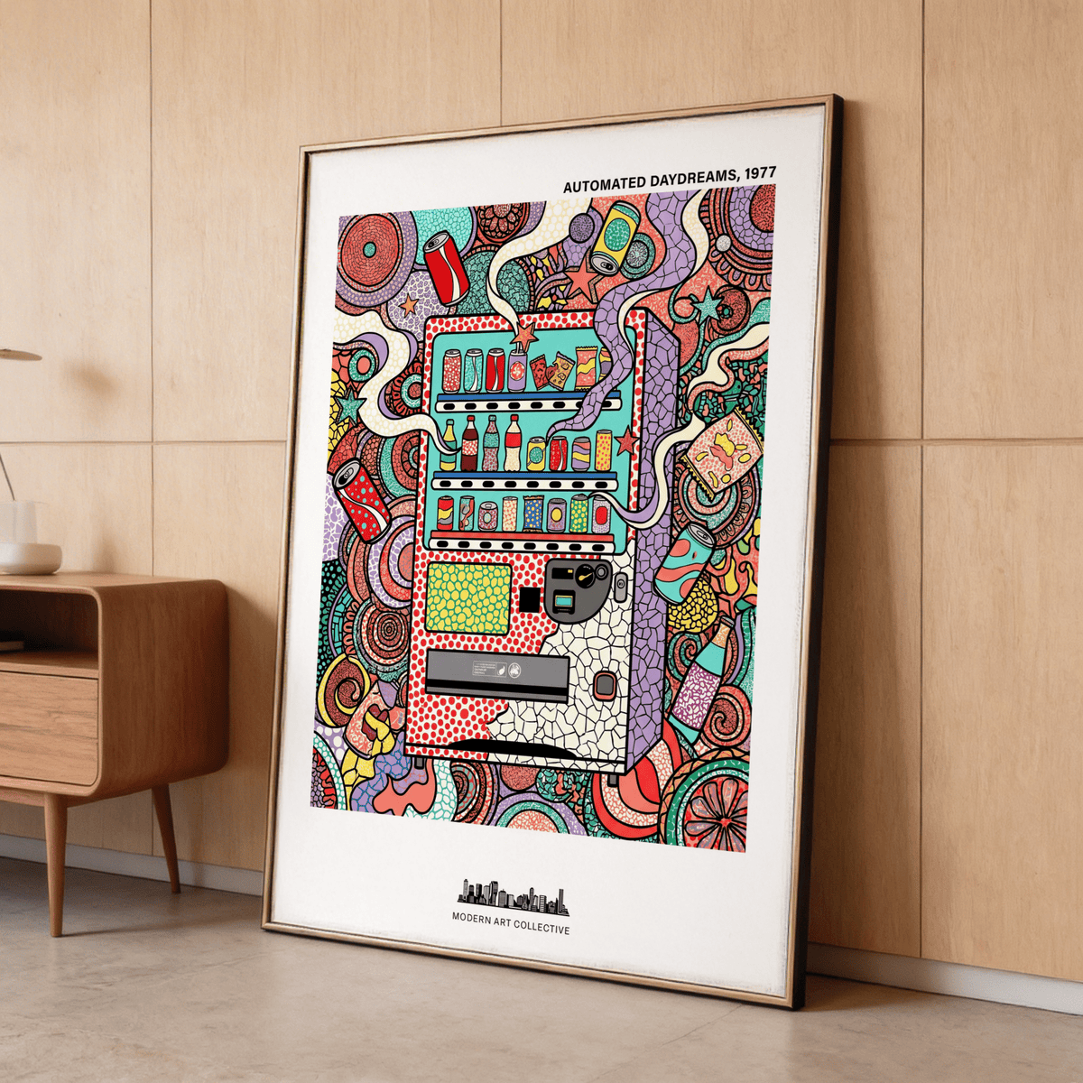 Front-facing vending machine poster with bottles, cans, and mosaic-like outlined shapes