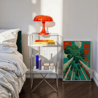 Detailed Japanese Tree Art Print emphasizing Green leaves, Blue sky, and Red for hallway art print