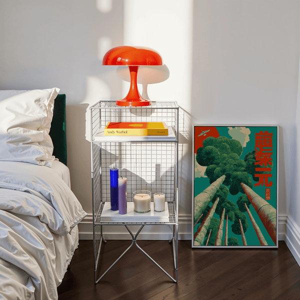 Detailed Japanese Tree Art Print emphasizing Green leaves, Blue sky, and Red for hallway art print