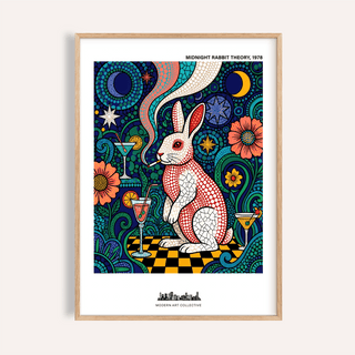 Centered Colorful Rabbit Art Print poster with polka-dot rabbit and starbursts