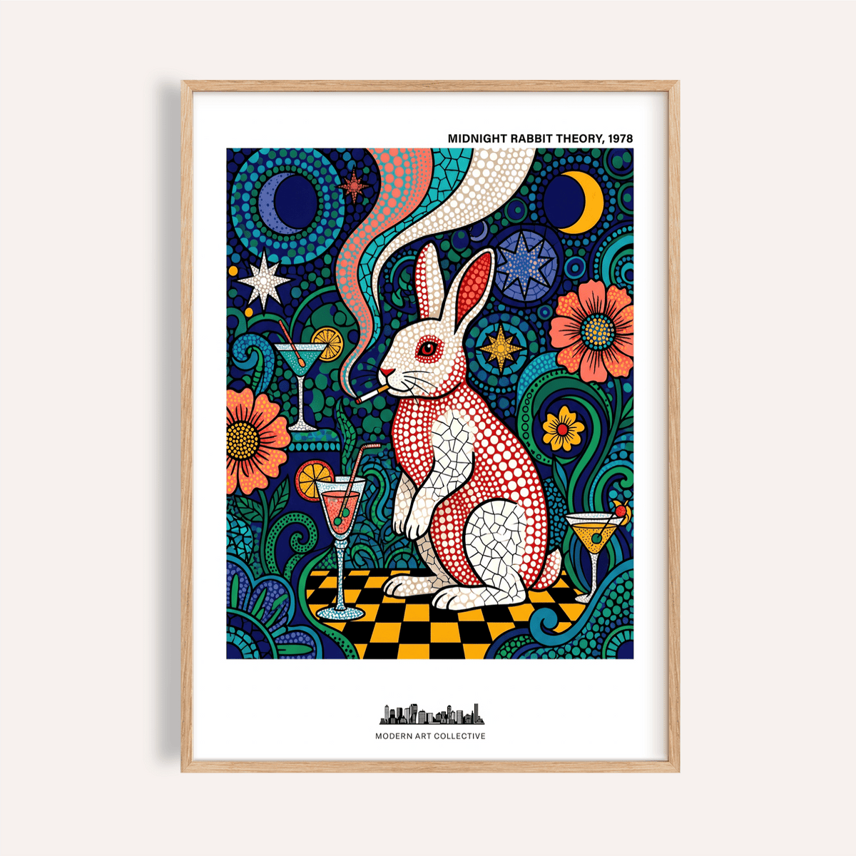 Centered Colorful Rabbit Art Print poster with polka-dot rabbit and starbursts