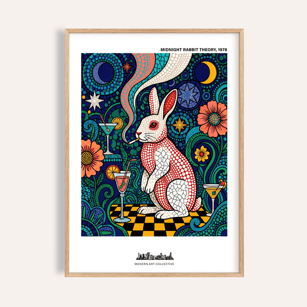 Centered Colorful Rabbit Art Print poster with polka-dot rabbit and starbursts