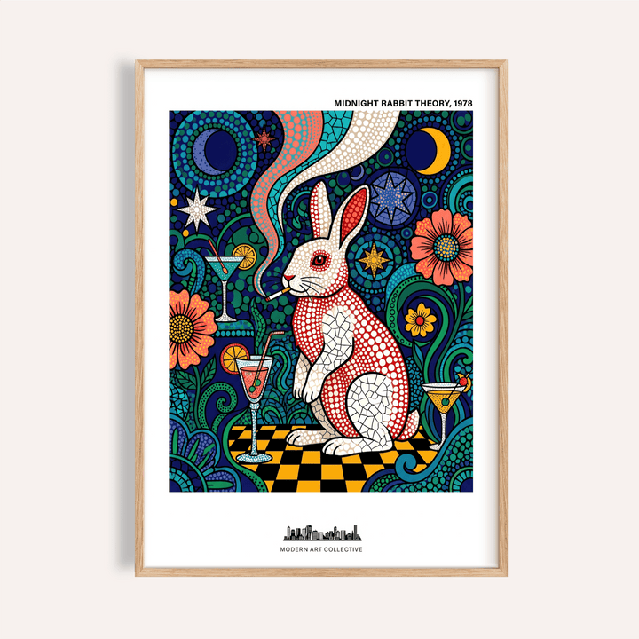Centered Colorful Rabbit Art Print poster with polka-dot rabbit and starbursts