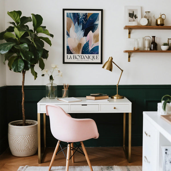 Abstract botanical art print with navy, blush, and ivory palette