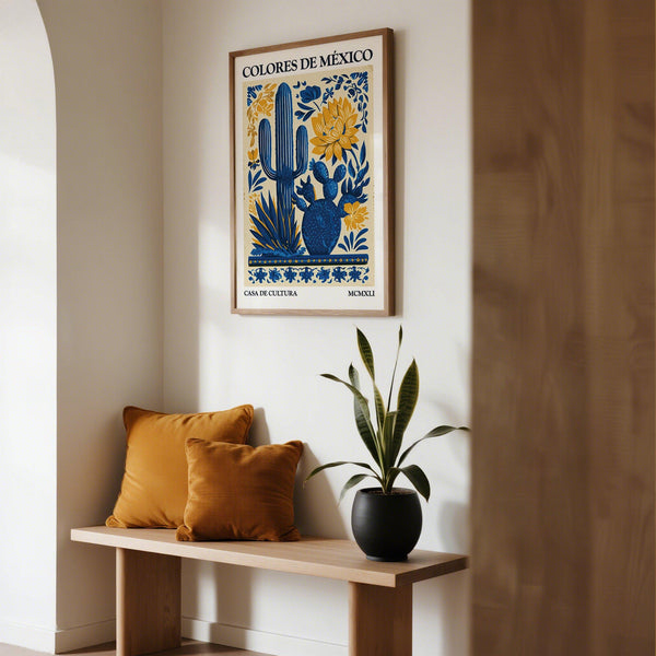 Botanical Mexican folk art with tall cacti and decorative patterns.