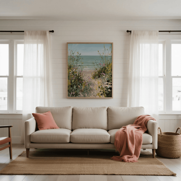 Beach Path Print with Beige, Blue, Brown, and Purple tones ideal for entryway wall art