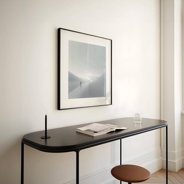 Winding light path featured in abstract gray and white wall art