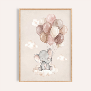 Adorable baby elephant poster sitting on a cloud holding balloon bouquet