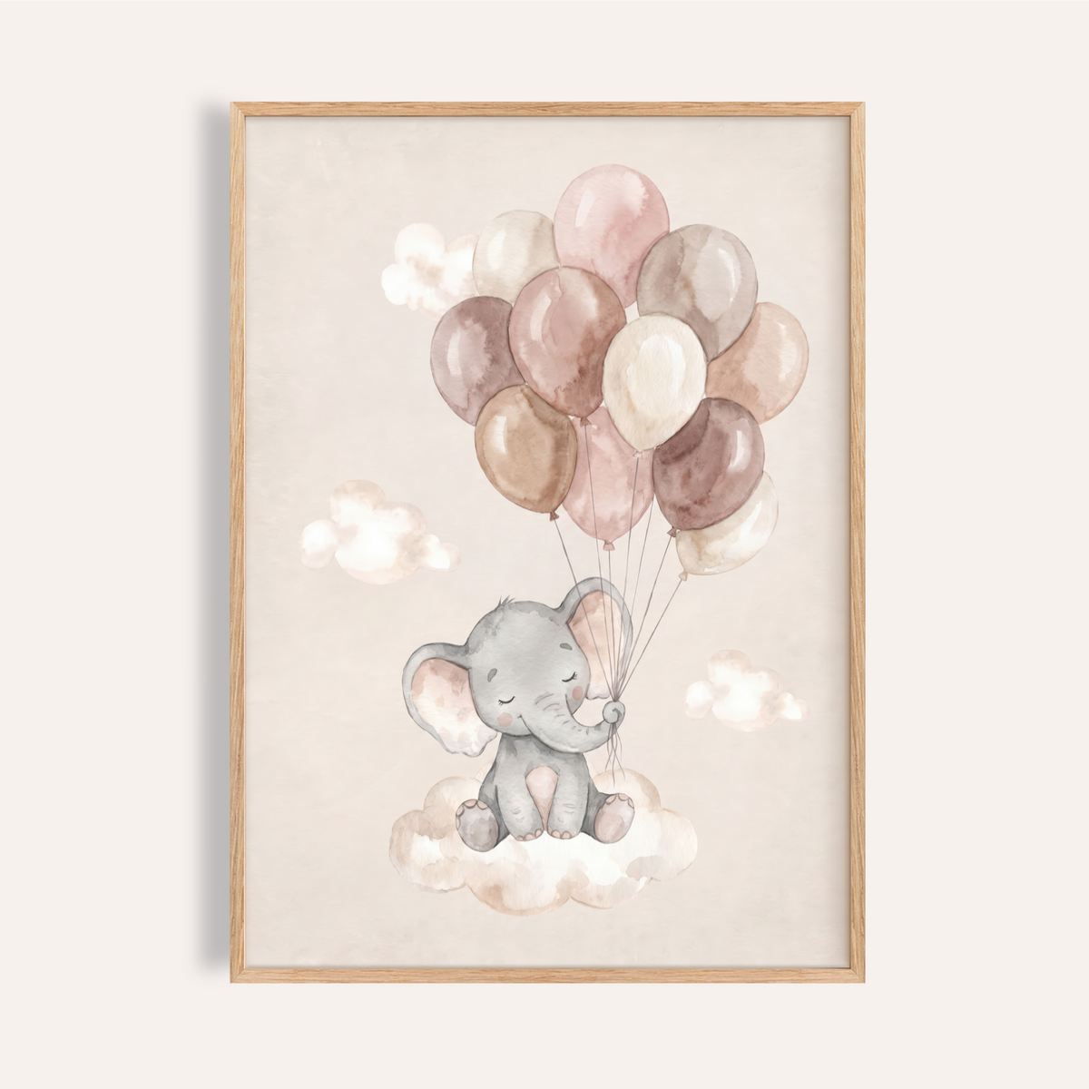 Adorable baby elephant poster sitting on a cloud holding balloon bouquet