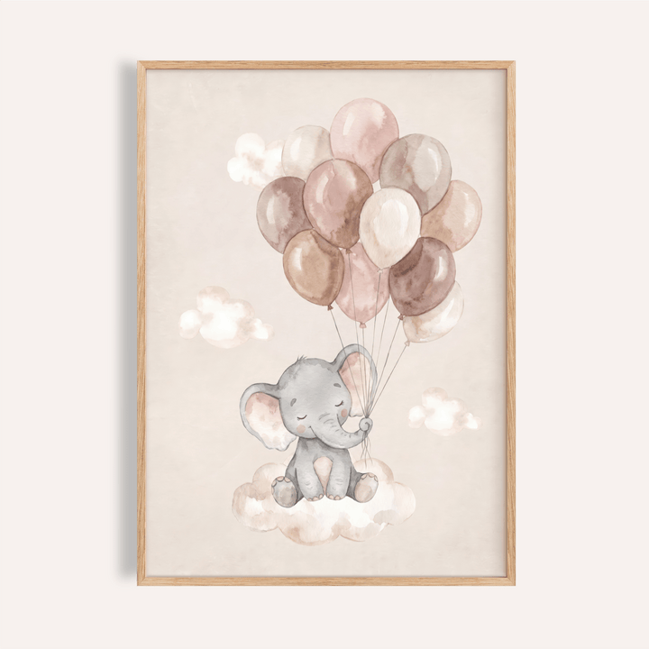 Adorable baby elephant poster sitting on a cloud holding balloon bouquet