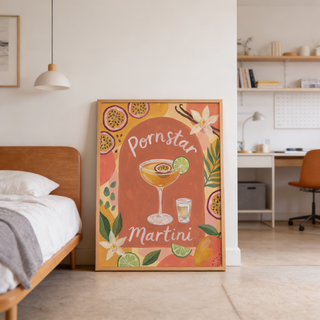 Presenting the Pornstar Martini Poster featuring a coupe cocktail, passion fruit slice floating on top, and lime on the rim