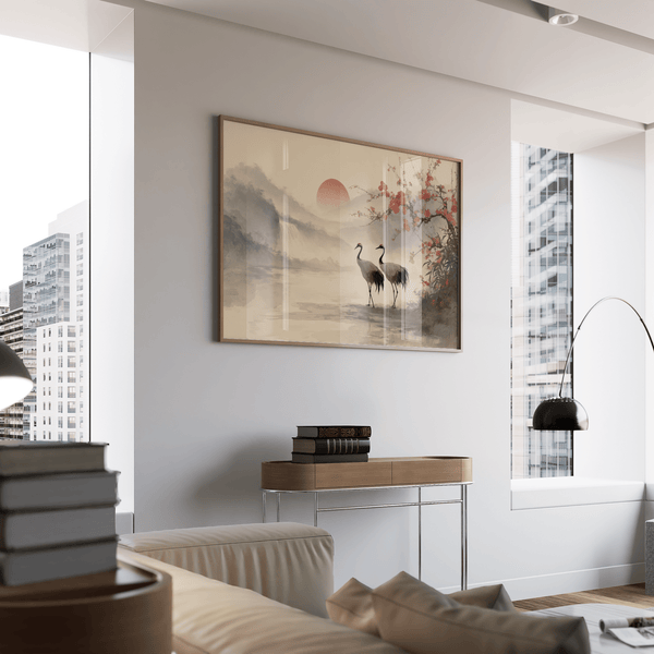 Japanese Art Poster, beige mist and red blossoms for reading nook decoration