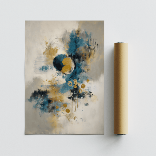 Contemporary Abstract Blue Gold Wall Art in blue, gold, and beige for office décor