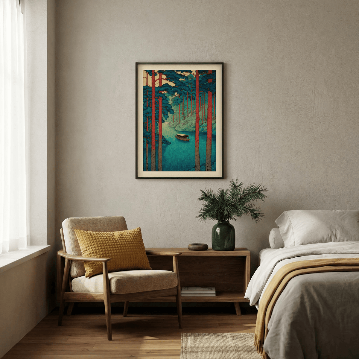 Classic Hasui Kawase tranquil river poster capturing a serene boat ride through forested banks
