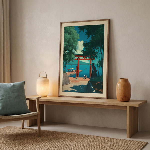 Vintage woodblock-inspired wall art with torii gate, boats, and clouded sky