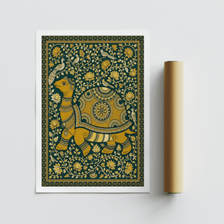 Folk-style turtle wall art with birds perched in swirling leaf patterns