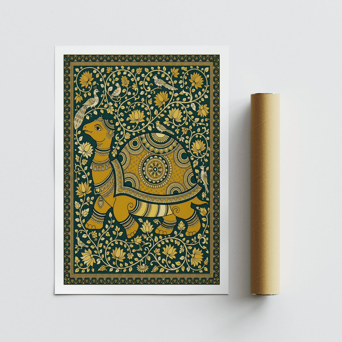 Folk-style turtle wall art with birds perched in swirling leaf patterns