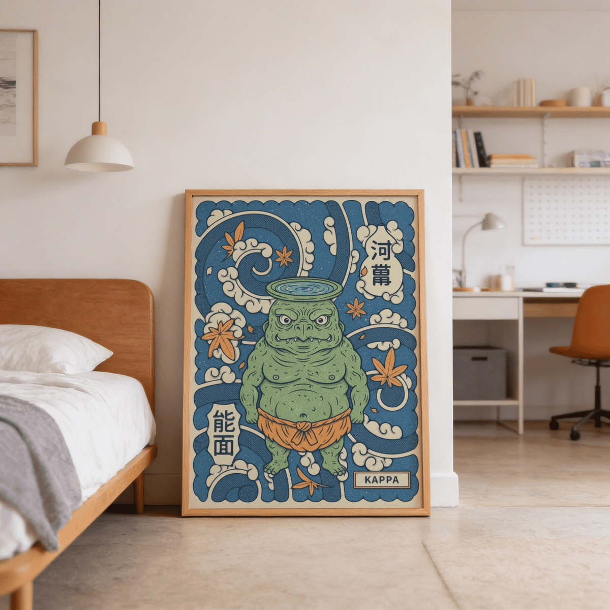 Illustration print of mythic kappa among swirling ocean patterns
