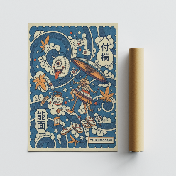 Illustrated Japanese folklore poster print with smiling spirit faces and layered wave forms