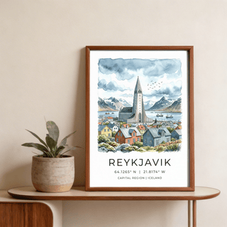 Reykjavik Watercolor Art Print showing colorful rooftops leading to a central church and open sky