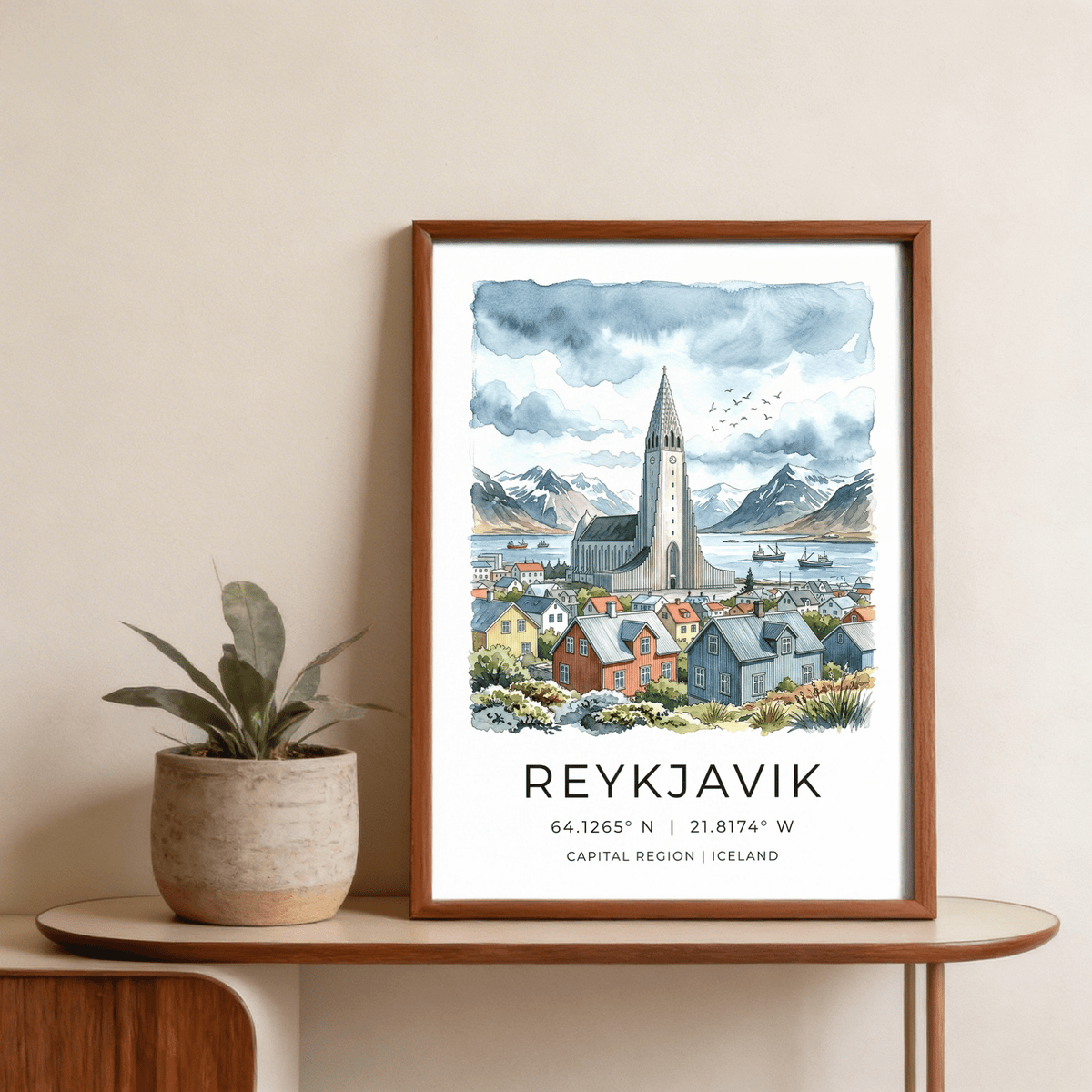 Reykjavik Watercolor Art Print showing colorful rooftops leading to a central church and open sky