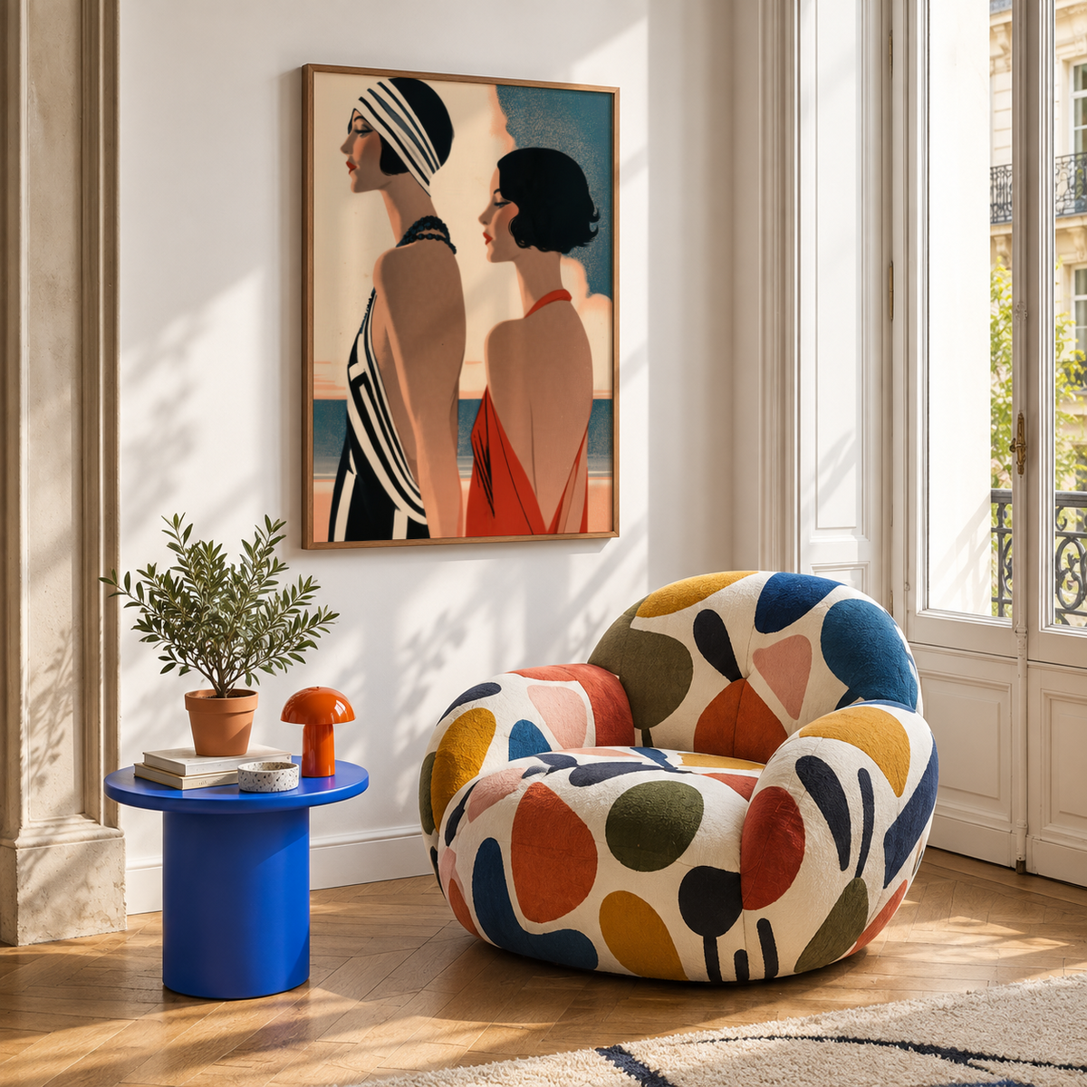 Side-view wall art print of two figures with black bob hair and backless dress beside a calm shoreline