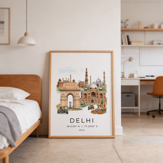 Multicolored travel poster of India Gate arch and city skyline