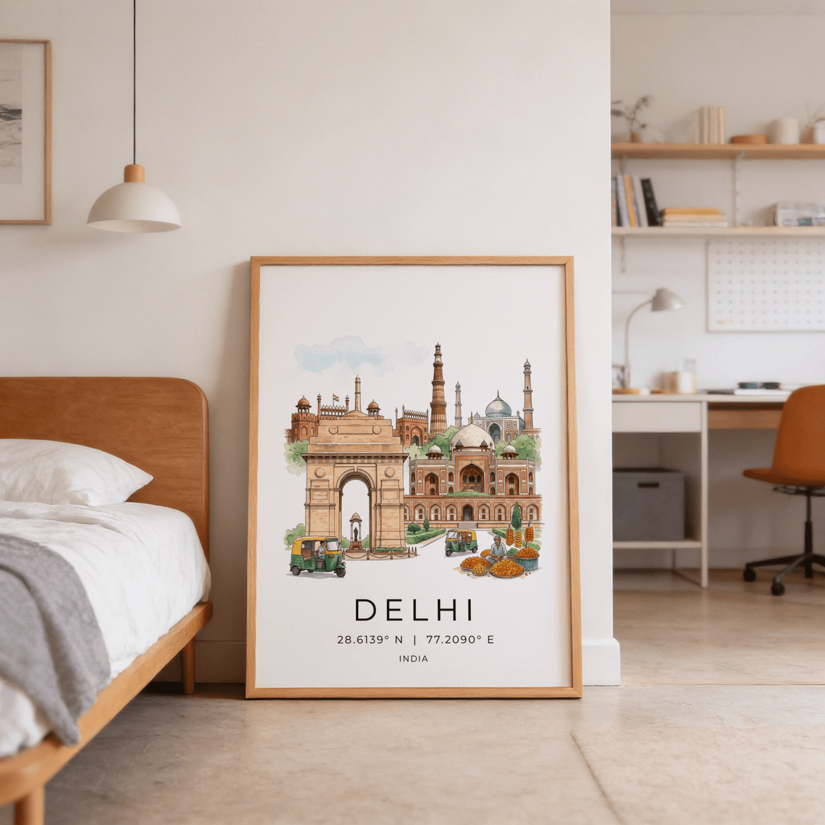 Multicolored travel poster of India Gate arch and city skyline