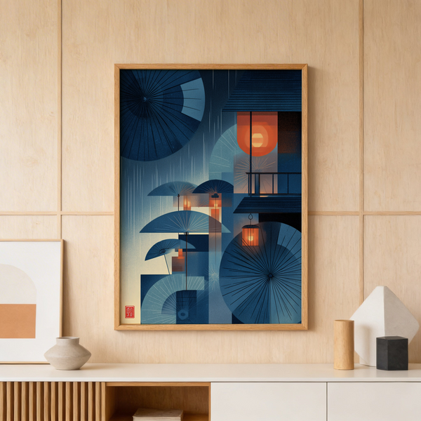 Modern Japanese Umbrella Wall Art print with stacked parasols and windows