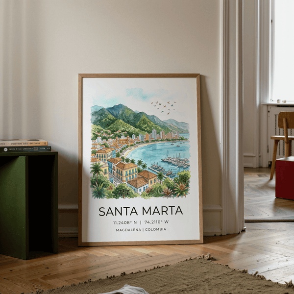 Panoramic Santa Marta Art Print with waterfront skyline and boats in harbor
