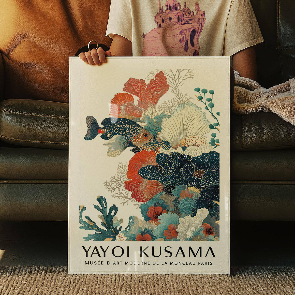 Modern tropical fish poster in deep teal and soft cream color palette