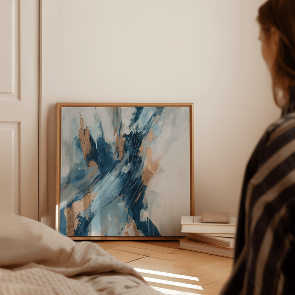 Blue Abstract Wall Art, Blue and Gold hues for stylish hallway decoration