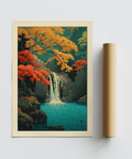 Nature poster depicting falling water framed by orange foliage