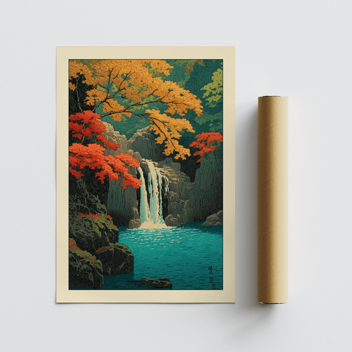 Nature poster depicting falling water framed by orange foliage