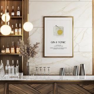 Classic cocktail print with lime and tonic in a modern illustration.