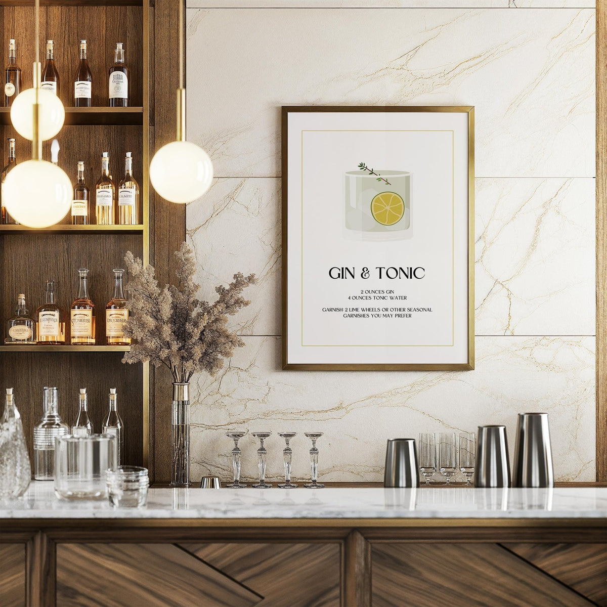 Classic cocktail print with lime and tonic in a modern illustration.