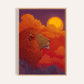 Profile view lion wall art print with swirling clouds and round sun