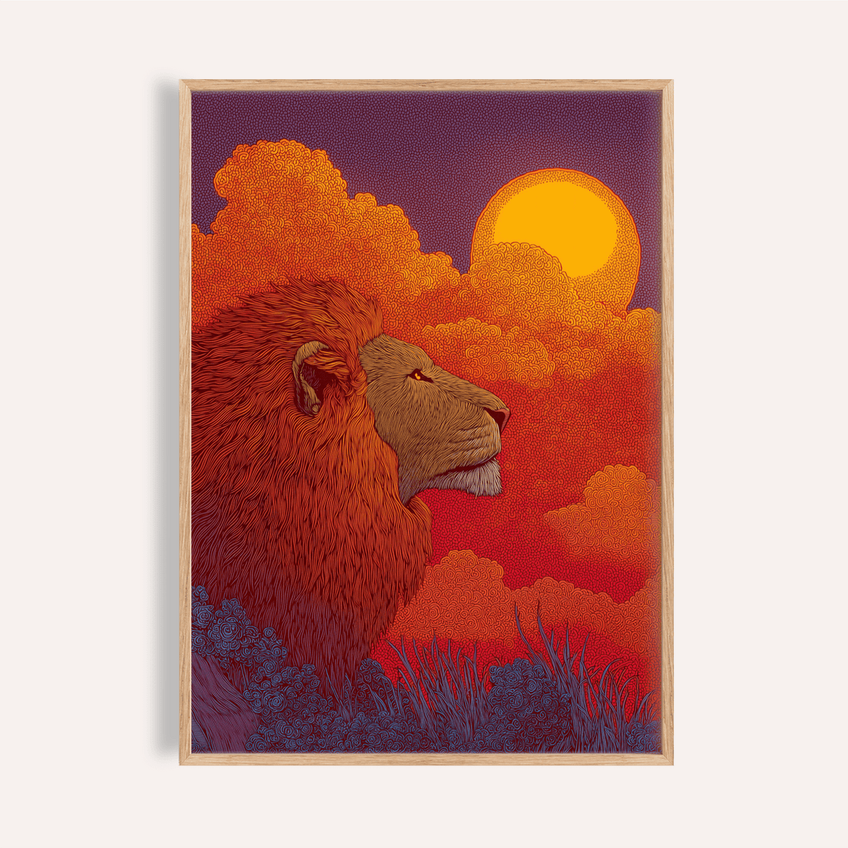 Profile view lion wall art print with swirling clouds and round sun
