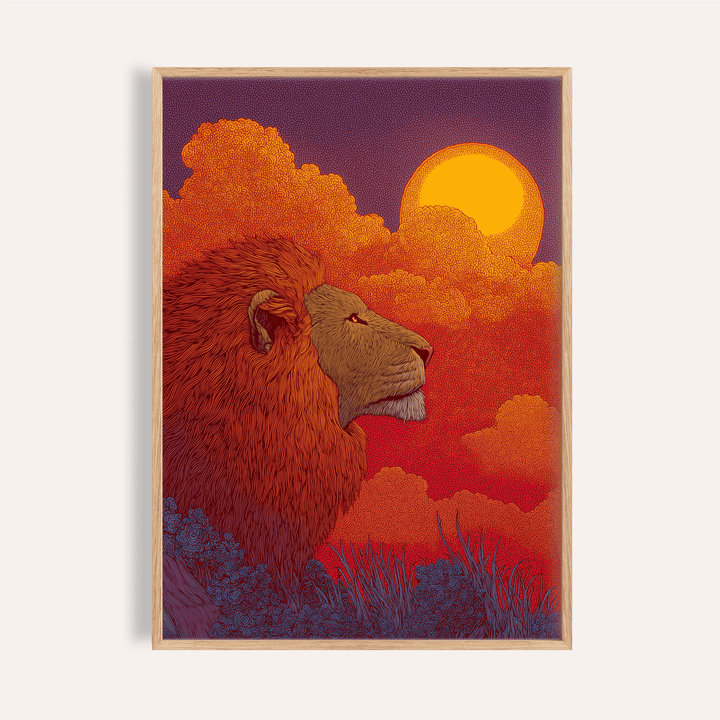 Profile view lion wall art print with swirling clouds and round sun