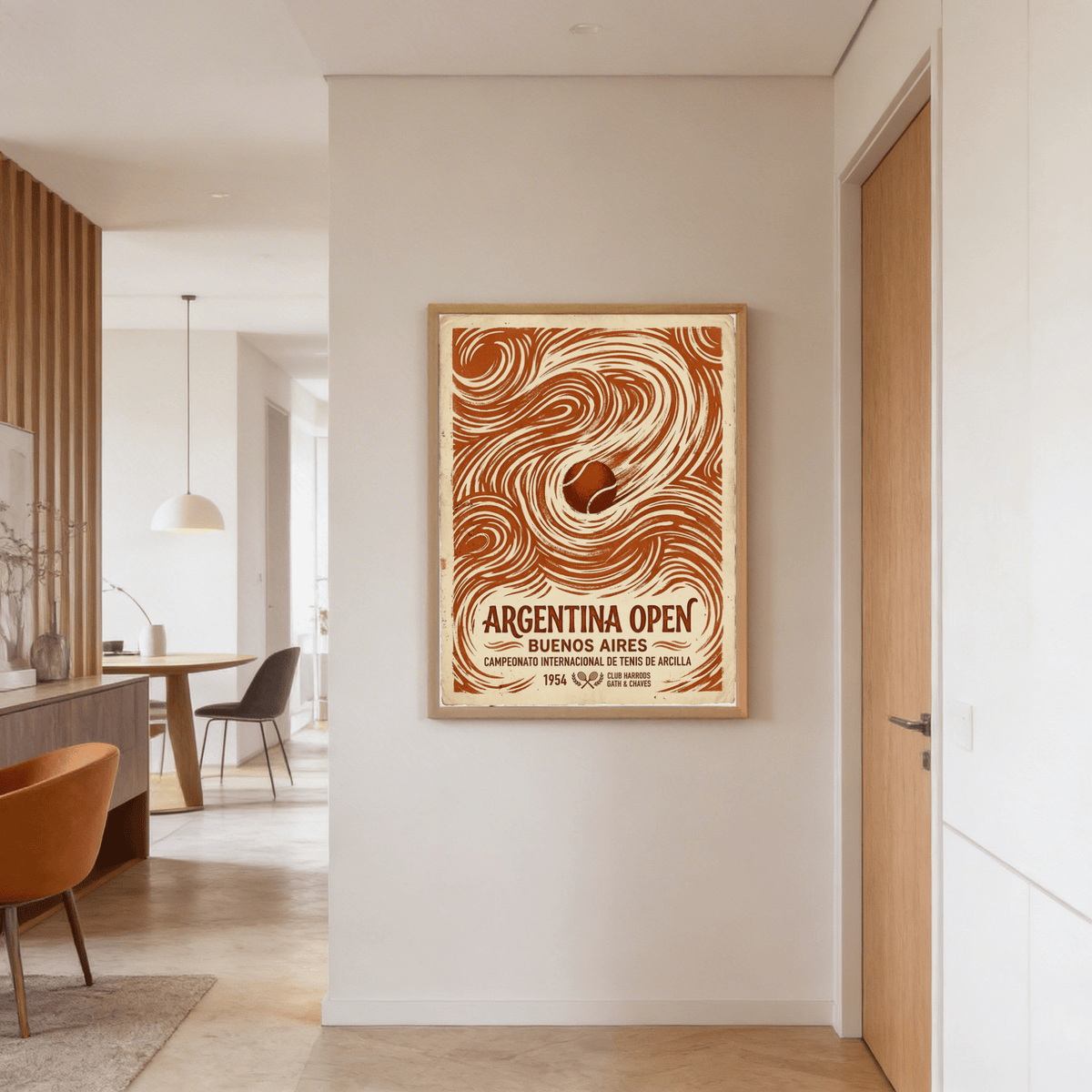 Classic tennis wall art poster with large ARGENTINA OPEN text and wavy background